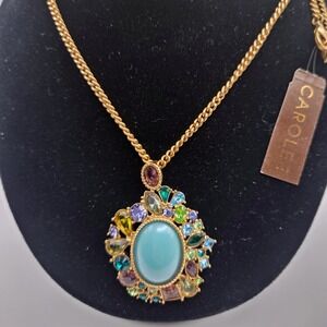 VTG Carolee Gold Tone Multi Color Crystal Faux Turquoise Pendant Necklace